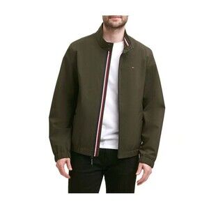 TOMMY HILFIGER Jacket Mens Large Green Zip Lightweight Stand Collar Logo $175